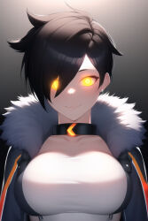  ai_art brown_hair collar corruption fur_coat glowing_eyes happy_trance large_breasts novelai_(ai) overwatch short_hair smile tracer 