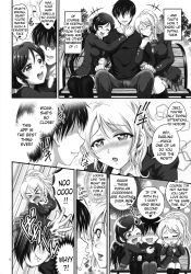  absurdres blonde_hair blush breasts comic dialogue eli_ayase embarrassed femsub greyscale happy_trance heart heart_eyes heterosexual hug large_breasts love_live! love_live!_school_idol_project maledom multiple_girls multiple_subs nozomi_toujou open_mouth ponytail school_uniform skirt smile symbol_in_eyes text thighhighs thought_bubble twintails 
