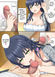  altered_common_sense artist_request black_hair blush breasts censored cleavage comic dialogue drool fellatio femsub green_eyes handjob happy_trance hard_translated heart_eyes huge_breasts long_hair maledom open_mouth oral penis shiori_osaki symbol_in_eyes text translated unaware woman_eats_~beautiful_dream_girl_delivery_app~ 