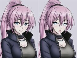  ai_art before_and_after blue_eyes cleavage comic crystal_(zko) drool expressionless femsub glowing_eyes jacket jewelry lipstick manip necklace open_mouth pink_hair ponytail smile stable_diffusion_(ai) 