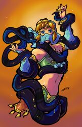  absurdres androgynous blonde_hair breath_of_the_wild coils crossdressing dancing gerudo harem_outfit kaa_eyes link malesub navel neo-edo-exican nintendo snake tail the_legend_of_zelda veil 