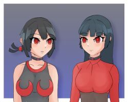  absurdres black_hair blue_hair breasts cleavage empty_eyes expressionless female_only femsub glowing glowing_eyes happy_trance hypnotic_accessory nintendo open_mouth pokemon pokemon_firered_and_leafgreen pokemon_omega_ruby_and_alpha_sapphire red_eyes sabrina straight-cut_bangs tech_control zinnia zires 
