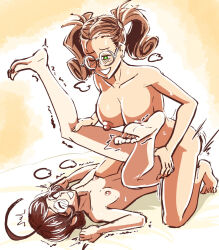 ahoge blush brown_hair closed_eyes collarbone feet female_only femdom femsub glasses kneeling large_breasts legs legs_up lying majinsfw mimi_(cyanstargazer) nipples nude one_eye_open original poma_(majinsfw) sex short_hair simple_background small_breasts smile sweat tiptoes yuri