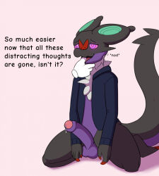  balls bat_boy black_skin bottomless claws dabelette dialogue erection finger_in_mouth furry male_only malesub nintendo noivern non-human_feet open_clothes open_mouth open_shirt penis phantom_hand pokemon pokemon_(creature) precum purple_skin ring_eyes simple_background smile tail text 