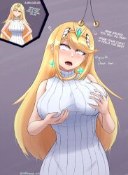  before_and_after blonde_hair blush breast_fondling clothed crown denial dialogue drool earrings empty_eyes english_text eye_roll glowing hair_ornament hand_on_hip holding_breasts instant_loss mantra mythra_(xenoblade) necklace nettleseeds nintendo open_mouth pendulum signature simple_background sweater text very_long_hair xenoblade_chronicles xenoblade_chronicles_2 yellow_eyes 