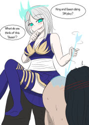 alternate_costume arrow ashe_(league_of_legends) aura bare_shoulders blush breasts cleavage crossed_legs crown dialogue english_text femsub green_eyes grey_hair happy_trance human_furniture hypnotized_dom league_of_legends maledom malesub open_mouth possession ruination short_hair sitting smile speech_bubble text thighhighs thighs tryndamere_(league_of_league) vel viego_(league_of_legends) white_background