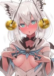  @-you animal_ears ascot blue_eyes blush breasts coin collarbone drool earrings exposed_chest femsub fox_ears fox_girl fubuki_shirakami hololive hoodie neckerchief open_clothes open_mouth open_shirt pendulum pov ribbon simple_background spiral_eyes sweat virtual_youtuber white_background white_hair 