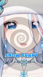 animated bangs blue_eyes blush cleavage clothed earrings eyelashes femdom hat jewelry livestream monarch_(vtuber) music official outdoors pov pov_sub psychic sound sparkle spiral video virtual_youtuber white_hair