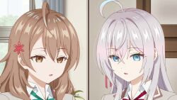 alisa_mikhailovna_kujou alya_sometimes_hides_her_feelings_in_russian blue_eyes brown_eyes brown_hair clothed empty_eyes expressionless female_only femsub maria_mikhailovna_kujou preview school_uniform screenshot sisters tagme white_hair