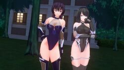 3d before_and_after black_hair blue_eyes custom_maid_3d_2 dfish303 erect_nipples_under_clothes female_only femsub fishnets gloves high_heels leotard long_hair multiple_girls opera_gloves short_hair smile taimanin_(series) thigh_boots thighhighs 