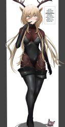 absurdres animal_ears antlers arknights blonde_hair blue_eyes blush boots deer_girl english_text eroborne female_only femsub finger_to_mouth gloves happy_trance heart_eyes leotard long_hair looking_at_viewer opera_gloves simple_background smile solo standing symbol_in_eyes text thigh_boots tight_clothing very_long_hair viviana_(arknights) white_background