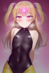  ai_art arms_behind_back blonde_hair blush bodysuit breath control_indicator dead_source female_only femsub gradient_background happy_trance heart heart_eyes leotard long_hair looking_at_viewer navel nurskelion_(generator) rika_jougasaki rubber simple_background small_breasts smile sweat the_idolm@ster twintails yellow_eyes 