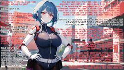 ai_art angry belt bimbofication blue_hair breasts caption femsub hand_on_hip humor kinkcurator_(manipper) leotard looking_at_viewer outdoors police_uniform policewoman pov_dom red_eyes robot robot_girl short_hair tech_control text