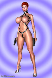  3d bracelet breasts cleavage collarbone earrings erect_nipples expressionless female_only femsub gun high_heels huge_breasts hypnoman hypnotized_dom jewelry original red_lipstick ring short_hair solo talia_danvers thick_thighs white_eyes 