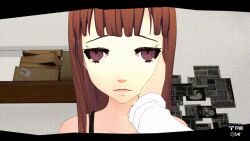  3d animated animated_gif breasts brown_eyes brown_hair clothed consensual dildo femdom femsub futaba_sakura happy_trance haru_okumura long_hair open_mouth persona_(series) persona_5 purple_eyes self_hypnosis sex_toy strap-on text trigger vynil yuri 