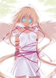ahoge aliensdideverything_(manipper) animated animated_eyes_only animated_gif blonde_hair blue_eyes bondage dazed expressionless female_only femsub glowing glowing_eyes long_hair manip ribbon ribbon_bondage solo spiral_eyes spiralwash_eyes twintails wings