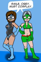 altered_common_sense alternate_costume blue_hair cleavage cosplay costume crossed_eyes dialogue galaxia_(isankura) gecko_girl_(isankura) happy_trance isankura original red_hair super_hero text