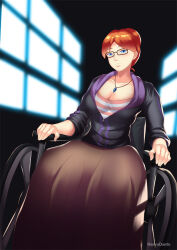 barbara_gordon batgirl batman_(series) breasts cleavage dc_comics female_only glasses hadant jewelry large_breasts necklace red_hair short_hair signature simple_background solo super_hero watermark western wheelchair