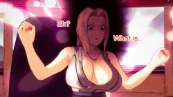 aware blonde_hair brown_eyes clothed dialogue dogdog drunk english_text female_only naruto_(series) necklace smoke solo text tsunade