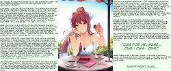  absurdres breasts brown_hair caption caption_only chocolate doki_doki_literature_club dress female_only femdom green_eyes hair_ribbon large_breasts long_hair looking_at_viewer manip masturbation_command miney_(manipper) monika official_art orgasm_command ponytail pov pov_sub ribbon sitting smile solo text 
