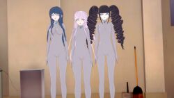  3d black_hair blue_hair bodysuit celestia_ludenberg collar dangan_ronpa dangan_ronpa_trigger_happy_havoc drill_hair drone dronification expressionless female_only femsub graybot kyoko_kirigiri long_hair multiple_girls multiple_subs open_mouth purple_hair sayaka_maizono sonrio12 standing standing_at_attention whitewash_eyes 
