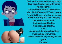  apex_legends ass ass_focus bent_over caption carmen_sandiego clothed dialogue female_only femdom femsub glasses jewelry julia_argent_(carmen_sandiego) looking_at_viewer looking_back manip panties pussy shirt short_hair simple_background thong whitewash_eyes wraith_(apex_legends) zupern0va_(manipper) 