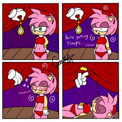 amy_rose arm_bands blush breasts comic femsub finger_snap furry green_eyes happy_trance hedgehog_girl large_breasts pendulum pink_hair pocket_watch short_hair shyker sleep_command sleeping smile sonic_the_hedgehog_(series) spiral_eyes stage_hypnosis swimsuit symbol_in_eyes text