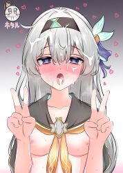  absurdres bangs blush clothed_exposure cum cum_in_mouth double_v female_only femsub firefly_(honkai_star_rail) hair_ornament hairband heart_eyes honkai_star_rail long_hair looking_at_viewer mcr_roggle nipples open_mouth silver_hair solo sweat symbol_in_eyes tongue tongue_out topless v 