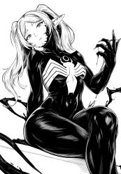  alien breasts crossed_legs crossover elf elf_ears femsub frieren frieren:_beyond_journey's_end greyscale legs long_hair lughost marvel_comics non-binary non-binary_dom parasite possession simple_background sitting spider-man_(series) symbiote thick_thighs thighs twintails venom_(marvel) white_background white_hair 