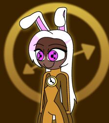 bodysuit brown_background bunny_boy bunny_ears clock dark_skin dronification eyebrows_visible_through_hair happy_trance hypnoscream long_hair male_only malesub pink_eyes robotic_trance simple_background smile solo symbol_in_eyes white_hair