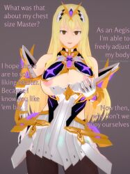  3d absurdres alternate_color_scheme bare_shoulders before_and_after blonde_hair breast_expansion breast_fondling breast_grab breasts brown_eyes clothed_exposure cosplay dialogue elizabeth_(thehguy) empty_eyes female_only femsub hair_ornament hand_on_hip holding_breasts huge_breasts koikatsu! large_breasts long_hair male_pov mythra_(xenoblade) nintendo nipples open_mouth original pantyhose pov pov_dom simple_background smile solo standing text thehguy xenoblade_chronicles xenoblade_chronicles_2 