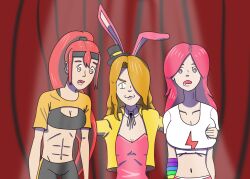 andrea_(lewd_rays) breast_grab bunny_ears bunny_girl jazzlyn_jade(lewd_rays) jessica_(lewd_rays) lewd_rays original spiral_eyes stage top_hat