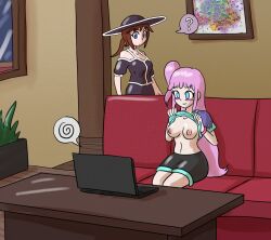  blue_eyes breasts brown_hair confused couch danna_(giant93) eyebrows_visible_through_hair female_only femsub happy_trance hat laptop makeup mythkaz niccole_(gaint93) original pink_hair shirt_lift shorts sitting spiral spiral_eyes tied_hair 