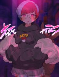  blue_hair breasts drool female_only ganbari_mascarpone glasses hoodie multicolored_hair nintendo penny_(pokemon) pink_eyes pokemon pokemon_scarlet_and_violet red_hair short_hair small_breasts solo text translated 