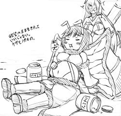 antenna_(biology) blush breasts bug_girl chibi closed_eyes clothed dress environmental_text food greyscale humor japanese_text kuroyoroi large_breasts midriff monochrome multiple_girls navel original shoes simple_background spread_legs surprised sweat text thighhighs translation_request weight_gain white_background wholesome wings