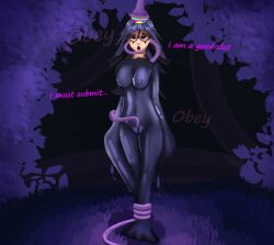  black_hair blue_eyes bodysuit clothed_exposure dairydrop dialogue empty_eyes female_only femsub forest hypnotic_tentacle long_hair mask my_hero_academia nemuri_kayama nipples open_mouth outdoors purple_hair pussy restrained slime standing tentacles text white_skin 