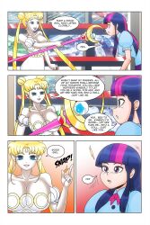 bare_shoulders blonde_hair blue_eyes breasts cleavage comic crossover crystal dress empty_eyes equestria_girls expressionless facial_markings female_only femdom femsub finger_snap hair_buns hypnotic_accessory hypnotic_magic large_breasts long_hair magic multicolored_hair my_little_pony princess purple_eyes sailor_moon sailor_moon_(series) smile staff story text trance_break twilight_sparkle twintails wadevezecha western