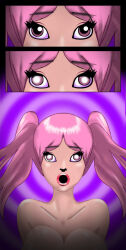 androgynous before_and_after bimbofication blow-up_doll cartreangel dollification female_only feminization femsub glowing glowing_eyes open_mouth original pink_hair sequence solo transformation transgender twintails