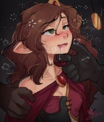 brown_hair chin_hold crown drool elf_ears empty_eyes erect_nipples_under_clothes femsub freckles gwen_(malberrybush) happy_trance malberrybush original pendulum princess