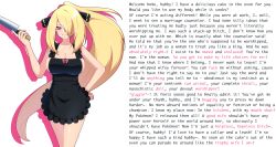  apron blonde_hair bow breasts caption cleavage cynthia dialogue female_only femsub goldengang-star_(writer) hair_covering_one_eye hand_on_hip happy_trance heart heart_eyes housewife knife long_hair madoka maledom manip naked_apron nintendo pokemon pokemon_diamond_pearl_and_platinum sexism smile spiral_eyes stepfordization story symbol_in_eyes text very_long_hair 