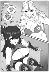  absurdres beidou black_hair blonde_hair breasts cleavage coin comic dialogue empty_eyes eshie female_only femdom femsub genshin_impact large_breasts monochrome multiple_girls ningguang_(genshin_impact) pendulum restrained sitting text turning_the_tables yuri 