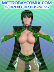 3d blue_background cape female_only femdom gloves gradient_background large_breasts looking_at_viewer navel nipples original see-through short_hair skirt solo spiral standing text trishbot underboob undressing