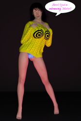 3d black_hair dialogue female_only femsub happy_trance hypno-tan original panties solo spiral_eyes sweater symbol_in_eyes text theheckle underwear