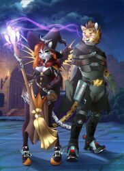  ash_(ashkelling) brown_hair cassidy_(overwatch) cat_boy cat_girl clothed cosplay dazed expressionless femdom furry hat keilani_(keilani) leopard_boy malesub mercy open_mouth original overwatch red_hair smile tiger_girl witch witch_hat 