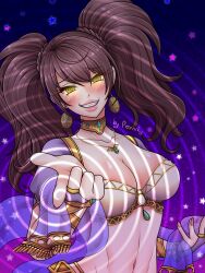 breasts brown_hair cleavage evil_smile femdom harem_outfit jewelry large_breasts makeup midriff navel persona_(series) persona_4 porniky rise_kujikawa smile smirk spiral_eyes symbol_in_eyes twintails