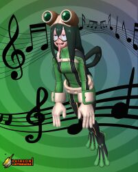  3d absurdres bodysuit costume eye_roll female_only femsub frog_girl happy_trance hypnotic_audio hypnotic_music hypnotized_walking latinkaixa my_hero_academia open_mouth super_hero tongue tongue_out tsuyu_asui 