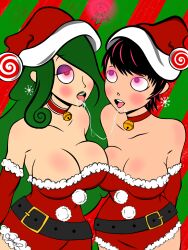 accord_(accord) blush breast_press breasts christmas cleavage collar drool earrings expressionless female_only femsub gloves glowing glowing_eyes green_hair hair_covering_one_eye hat holly jewelry large_breasts lipstick long_hair luci_(orphan2) magic makeup multicolored_hair multiple_girls multiple_subs open_mouth opera_gloves original orphan2 santa_hat short_hair spiral spiral_eyes sub_on_sub symbol_in_eyes symmetrical_docking tongue tongue_out yuri