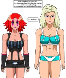  blue_eyes doudile drugged empty_eyes expressionless hypnotic_drug lipstick long_hair looking_at_viewer midriff payne_foxy pink_lipstick purple_lipstick queen_elizabeth red_hair short_hair standing standing_at_attention text tiger_mask_w white_background 