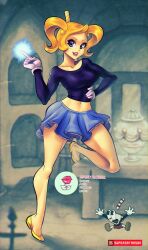  bimbofication blonde_hair breasts cuphead cuphead_(character) large_breasts mole ms._chalice_(cuphead) navel short_hair skirt supersatanson text transformation twintails 