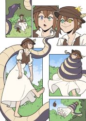 barefoot brown_hair clothed coil_loop_walk coils collarbone comic dress efalabrino feet female_only femsub hanging_down happy_trance hat hypnotized_walking kaa_eyes long_skirt octopath_traveler open_mouth short_hair sitting smile snake tressa_colzione